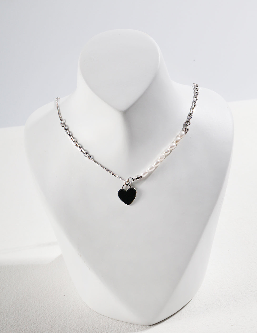 Sterling Silver Heart-Shaped Pearl Enamel Necklace