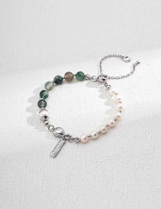 S925 Silver Vintage Natural Pearl Water Grass Agate and Strawberry Quartz Bracelet