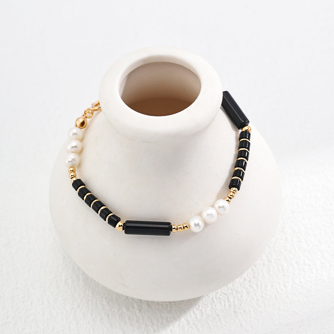 Vintage Gold Agate & Pearl S925 Silver Bracelet