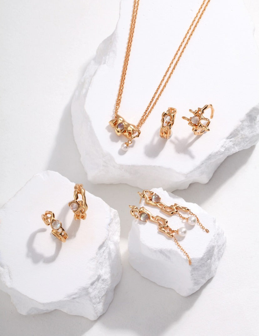 月光石天然液體紋理鍍金銀珍珠項鍊