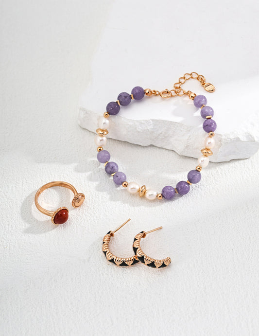Minimalist Pearl & Lepidolite S925 Silver Bracelet