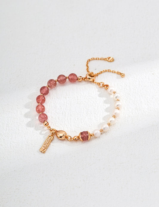S925 Silver Vintage Natural Pearl Water Grass Agate and Strawberry Quartz Bracelet
