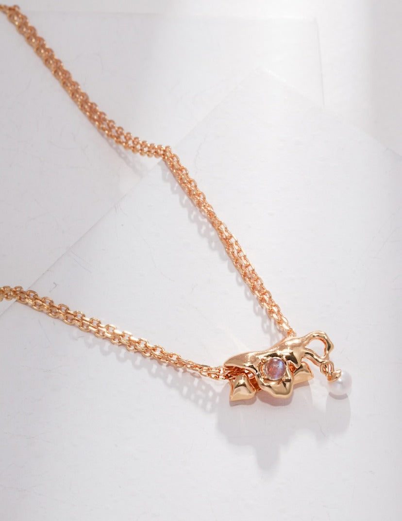 月光石天然液體紋理鍍金銀珍珠項鍊