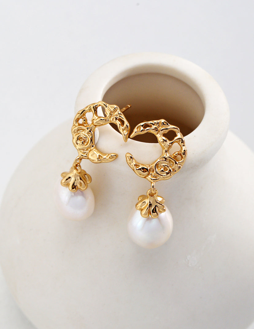 Moon Pearl Drop Gold Plated Earrings