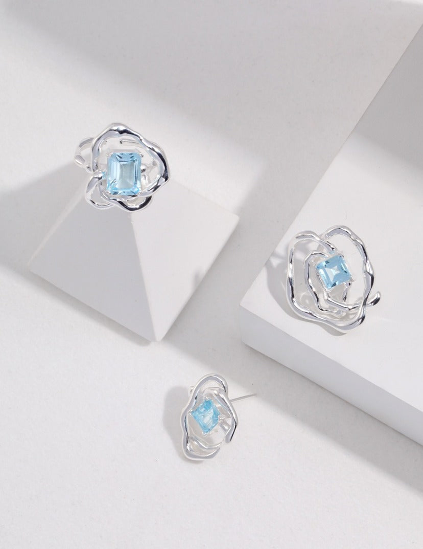 Liquid Series Asymmetrical Natural Topaz Silver Earrings