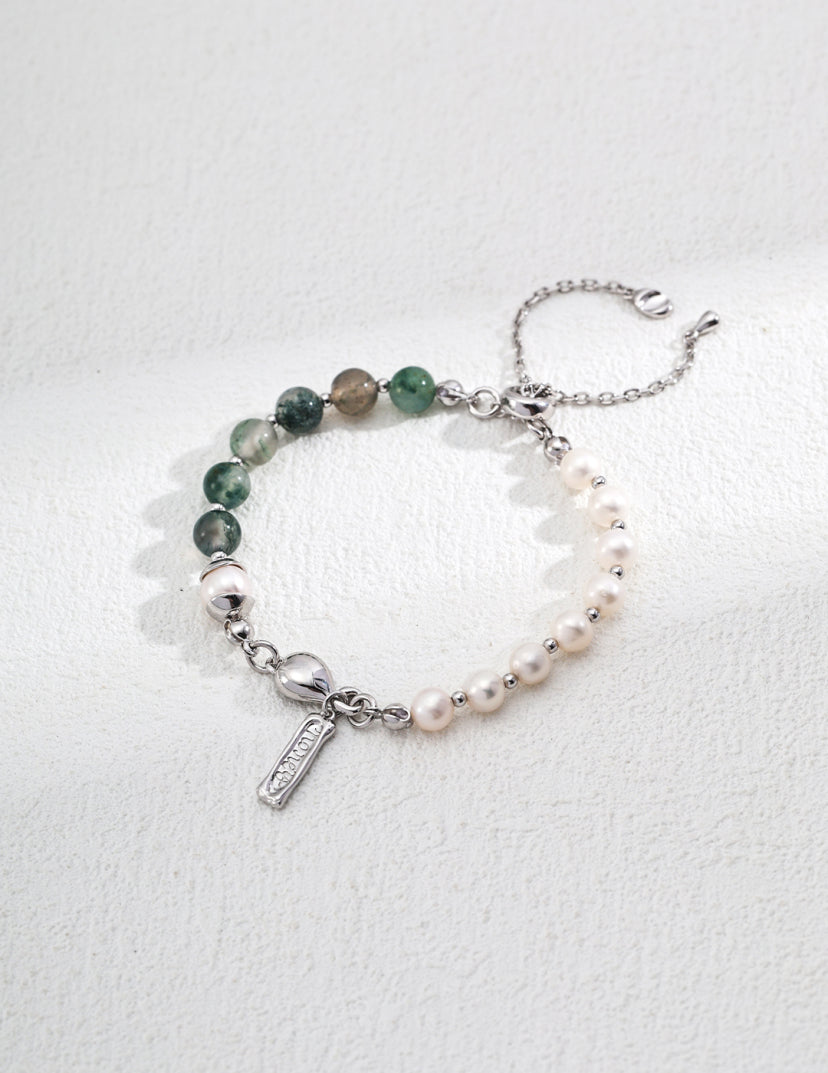 S925 Silver Vintage Natural Pearl Water Grass Agate and Strawberry Quartz Bracelet