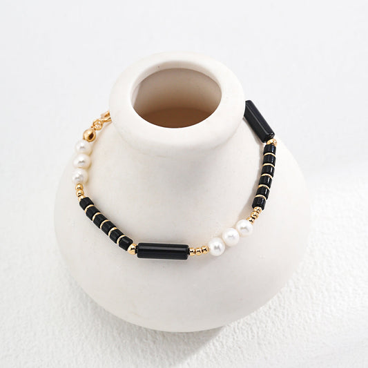 Vintage Gold Agate & Pearl S925 Silver Bracelet