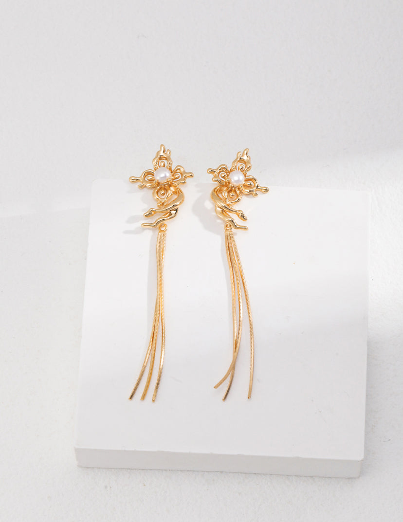 Sterling Silver Natural Pearl Tassel Earrings