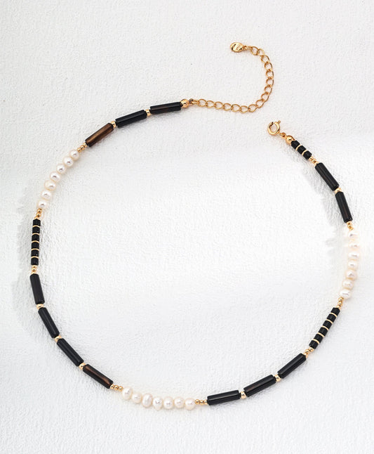 Vintage Gold Agate & Pearl S925 Silver Necklace