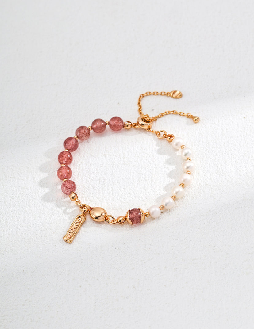 S925 Silver Vintage Natural Pearl Water Grass Agate and Strawberry Quartz Bracelet