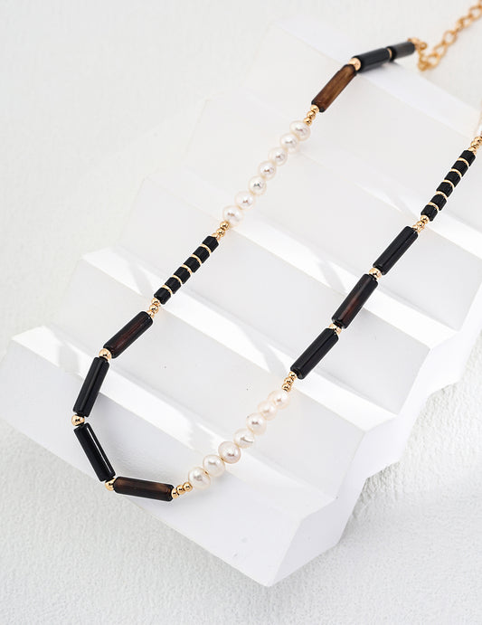 Vintage Gold Agate & Pearl S925 Silver Necklace